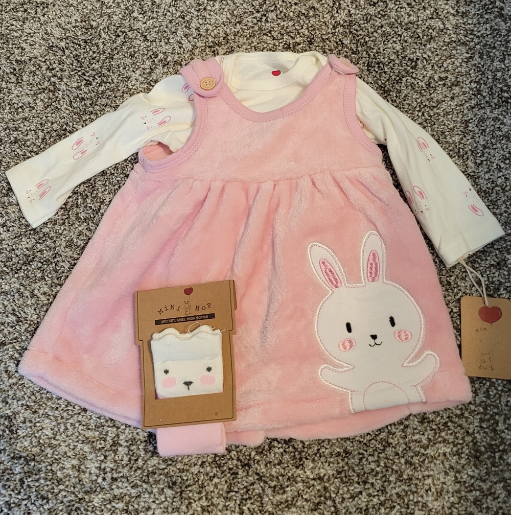 Adorable Pink Bunny Dress with White Long Sleeve Bodysuit And Socks